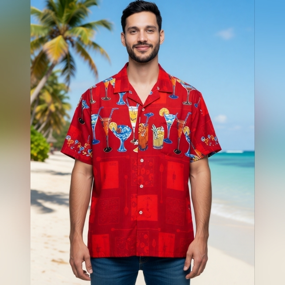 Vintage 80s Paradise Found Hawaiian "Happy Hour" Cocktail Drinks Top Men size L